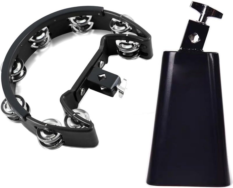 MOONBACK Tambourine and Cowbell Kit, Drum Set Tambourine with Mounting Eye Bolt, Mountable Tambourine And 7 Inch Cowbell for Drum Set - Image 1